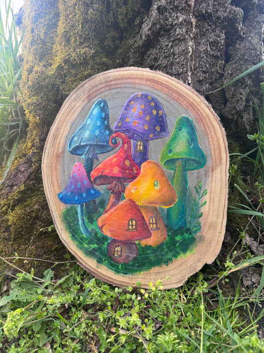 Handbemaltes Holztablett „Magische Pilze“ – Unikat Wanddeko & Kunsthandwerk