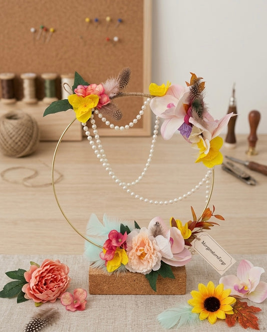 Frühlingshafter Deko-Kranz mit Blumen & Perlen – Handgemachte Wanddeko