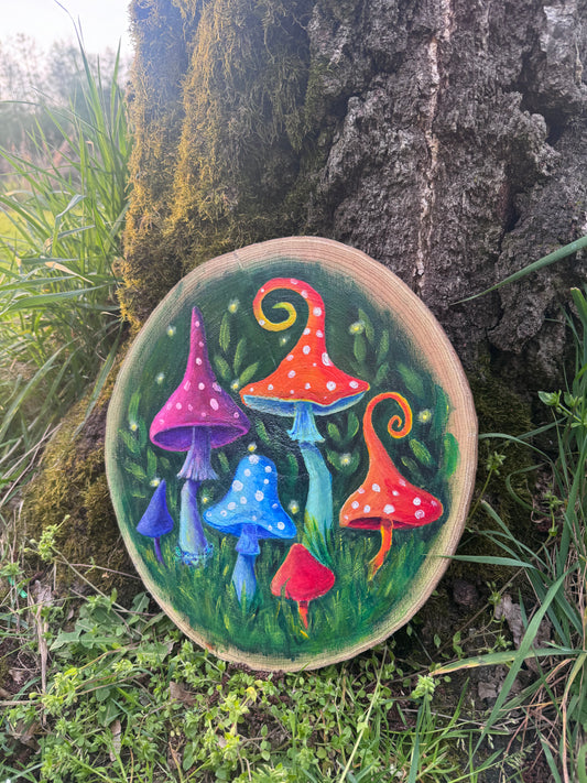 Handbemaltes Holztablett „Magische Pilze“ – Unikat Wanddeko & Kunsthandwerk