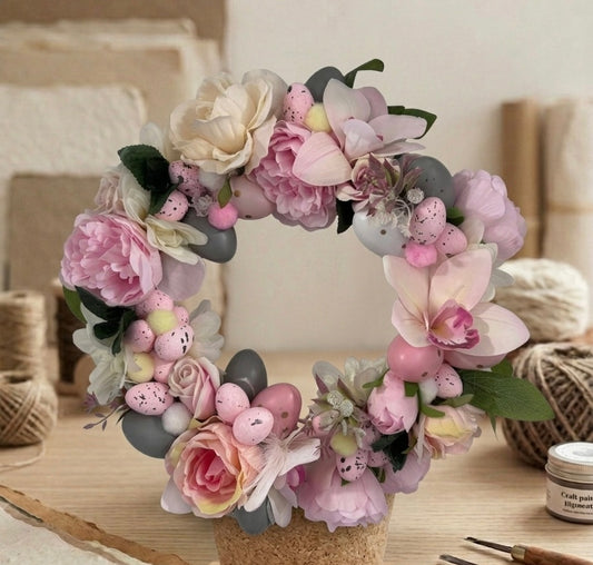 Handgefertigter Osterkranz in Rosa & Grau – Unikat