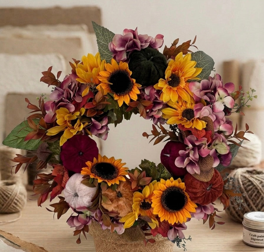 Handgefertigter Herbstkranz mit Sonnenblumen & Pilzen – Unikat Wanddeko