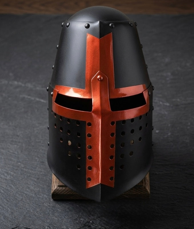 Schwarzer Kreuzritter-Helm (Great Helmet) – bemalt, Größe 58 – Ideal für LARP, SCA & Festivals