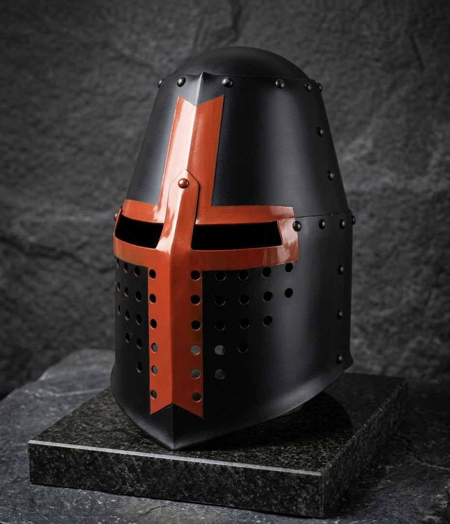 Schwarzer Kreuzritter-Helm (Great Helmet) – bemalt, Größe 58 – Ideal für LARP, SCA & Festivals