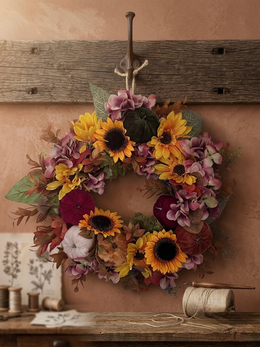 Großer handgefertigter Herbstkranz mit Sonnenblumen – Unikat Wanddeko